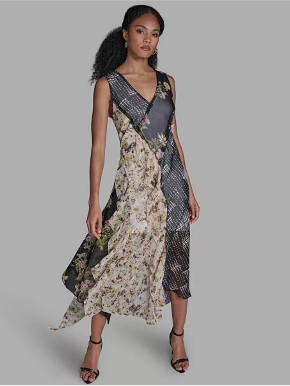 BCBG Sleeveless V-Neck Mixed-Print Midi Dress in Black and Cream